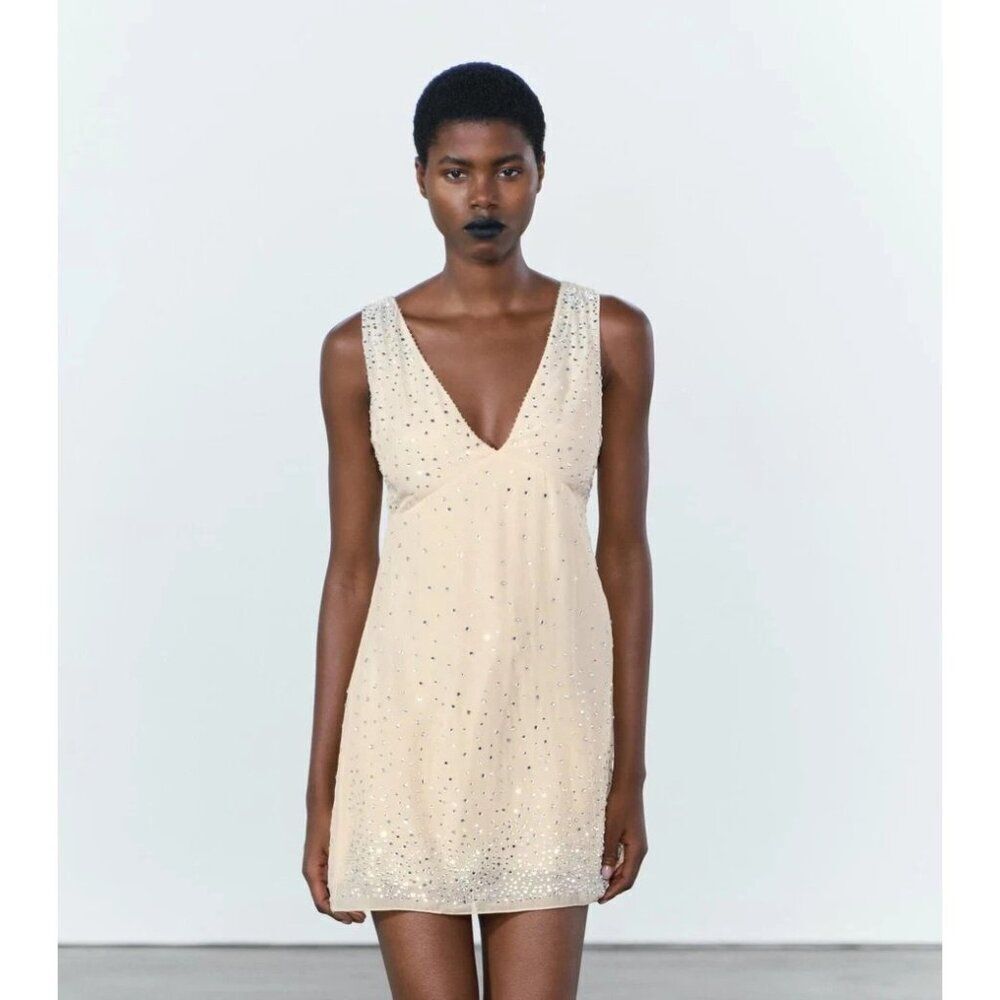 Zara Womens Mini Dress Size M Beige Ivory Studded Beaded rhinestone 5107/069 NWT